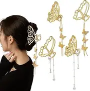 4 PACK Metal Big Butterfly Hair Clips Clamp Tassel Nonslip Claw Hair Accessories for Women Girls for Thinner Thick Styling Fashion Hair Supplies (Gold, One size)
