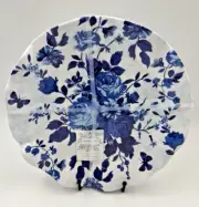 Set 4 Shabby Chic BLUE WHITE Melamine 11” Dinner Plate Set Rose Peony WAVY