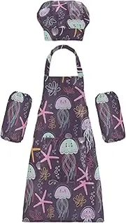 AIXIWAWA Kids Apron Chef Hat Set, Child Kitchen Bib Aprons Adjustable for Cooking Baking Painting (Cute Jellyfishes)