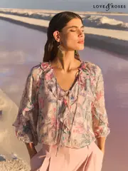 V&A I Love & Roses Pink Metallic Floral Print 3/4 Sleeve Blouse With Tie Detail (AP5071) | $111