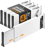RAPTUROUS Deep Drawer Dividers 4 Pack, 6 Inch Tall, 13-22 Inch Long Expandable, Adjustable Drawer Organizer for Clothing, Dresser, Kitchen, Strong Hold, Soft Foam Edges, White