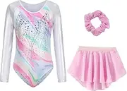 [KEOYA] Girl’s Sparkly Long Sleeve Gymnastics Leotard 3 Piece Set with Skirt and Hair Scrunchie Dance Unitards Bodysuits for Kids
