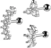 [Yuanchu] Helix Piercing Jewellery, 3Pcs Stainless Steel Tragus Earrings Silver Cartilage Piercing Jewelry Helix Earrings Conch Piercing Jewelry Set Silver Labret Tragus Lip Stud, no gemstone