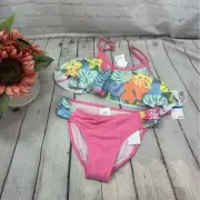 Roxy surora pink 2pc swimsuit flounce bikini girls sz 16 floral tropical