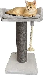 Cattitude Cat Scratch Post Lounger Grey, 98cm Height - Sisal Post, Cat Tower, Cat Scratcher with Rope, Soft Plush Material, Small Animal Bed