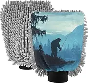XYMZR Sasquatch Fishing River Absorbent Microfiber Car Wash Mitt, Funny Cute Anime Scratch Free for Cars Cleaning, Home Cleaning Mitts, 2 Pack, 10.24” L x 7.09” W