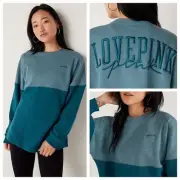 Vs Victorias Secret Pink Varsity Crew Sweater Jacket Top Blue Coral Tonal S