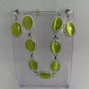 Birthstone August Green Peridot Cat's Eye Bracelet Earring Gift Set Boxed