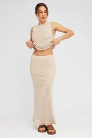 Beige Knit Skirt Midi Crochet - Size M, Women's Midi Skirt