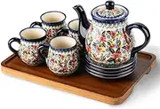 [ONECCI] Polish Pottery Style Porcelain Ceramic 10 Piece Tea Set,7.2oz Tea Cup and Sauce Set of 4,28.2oz teapot and 1wooden Tray.（ Exotic Daisy）