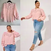 $69 TORRID Peasant Top 4X Peach Pink 100% Cotton Crochet Lace Swiss Dot Feminine