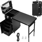 [Generic] Rolling Manicure Table, Portable Nail Art Beauty Technician Desk with Mirror, Bluetooth Speaker, 360° Universal Wheel, Foldable Cosmetic Storage Organizer for Makeup Artist, Hair Stylist