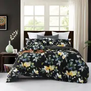 CottonMore 100% Slub Cotton Flower Printed Quilt Doona Duvet Cover Set Black - King