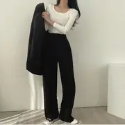Plain Oversize Blazer / High-Waist Plain Straight-Cut Dress Pants Pants - Black - M