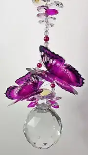Pink Butterfly crystal ball suncatcher gift exlarge hanging rainbow prism