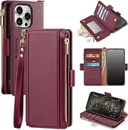 Antsturdy Compatible with iPhone 14 Pro Max Wallet Case,RFID Blocking PU Leather Phone Case Women Men flip Protective Cover Strap Zipper Credit Card Holder Slots,for Apple 14 Pro Max,Wine Red