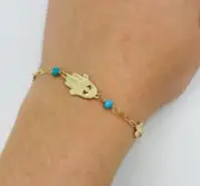 BRACELET EVIL EYE HAMSA WITH FLOWERS & TURQUOISE 14K YELLOW GOLD PAPERCLIP 7"