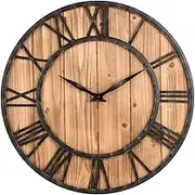 Wall Clock, 16 Inch Silent Wooden Clock with Black Iron Roman Numerals, Vintage Wall Clocks, Decorative Clocks