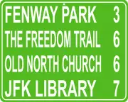Boston Landmarks interstate sign Fenway Park, JFK Library, Old North Church, etc