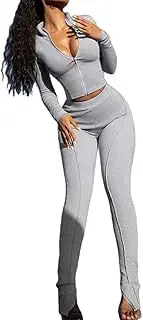 [Molilove] Women's Two Piece Outfits Workout Sets Bodycon Tracksuit Long Sleeve Zip Up Jacket Jogger Lounge Sweat Pants Set