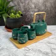 Morden Golden Random Pattern Kung Fu Tea Set with Bamboo Tray- Green , Set of