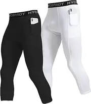 [HYCOPROT] Men's 3/4 Leggings Compression Trousers Sports Leggings Breathable Tight Trousers for Basketball, Black+White, L