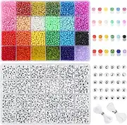 DICOBD 6000pcs 4mm 6/0 Glass Seed Beads Craft Beads Kit and 1200pcs Letter Alphabet Beads for Friendship Bracelets Jewelry Making Necklaces and Key Chains with 2 Rolls of Cord