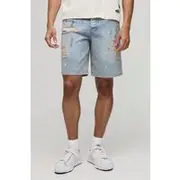 Mens Relaxed Ripped Paint Splatter Rigid Denim Shorts In Light Blue