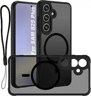 Magnetic Case for Samsung Galaxy S25 Plus S25+ 5G Matte Acrylic Camera Protector Cover with Lanyard Black FGCX