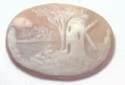 NOS Antique Hand Carved Oval Shell CAMEO Stone Windmill & Tree Scene #N436