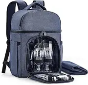 Vogano Picnic Basket Backpack for 2 Person with 2 Insulated Cooler Compartment,Wine Holder, with Blanket, Cutlery Set, Wedding Gifts for Couples,for Picnic Camping Beach Blue