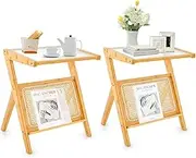 Costway Rattan Side Table, Bamboo Accent Bedside Table w/Tempered Glass Top, Magazine Rack, Boho Night Stand w/Z-Shaped Supportive Legs for Living Room Bedroom