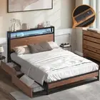 Oikiture Metal Bed Frame Double Size with LED Headboard Storage Drawers USB