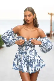 Ithaca | Blue Porcelain Print Bardot Ruffled Playsuit