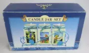 Vintage 3 pc Nautica Candle Jar Set w/ Parrots Decoration & Wire Display Holder