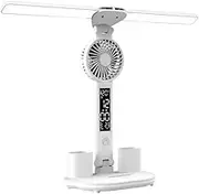 LED Desk Lamp, Double Head Table Lamp, Desk Light with LED Display Clock, Calendar, Fan and Pen Holder, Eye Caring Desk Reading Light for Office Home Reading Study, 3 Lighting Modes Stepless Dimming