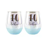 2PK Glitter 40th Celebration Stemless Wine Glass Blue 600ml Drinking Cup Tumbler