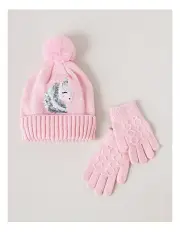 [Milkshake] Sparkly Unicorn Beanie & Gloves Set in Pink