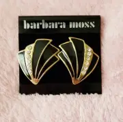 Vintage 1980s Barbara Moss Black Enamel Gold Tone Art Deco Fan Stud Earrings