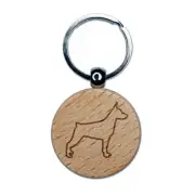 Miniature Pinscher Min Pin Dog Outline Engraved Wood Round Keychain Tag Charm