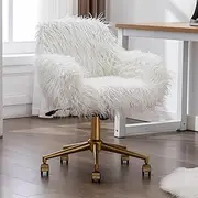 AADEN Faux Fur Desk Chair, Modern Fluffy Fuzzy Vanity Chair with Wheels Armless Height Adjustable Swivel Task Chair for Women Girls (White)