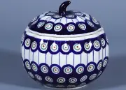 BOLESLAWIEC Polish Pottery PEACOCK FEATHERS Pumpkin Shape Ceramic Serving Dish