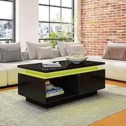 Luxsuite Coffee Table LED Lighted Storage Cabinet High Gloss 2 Drawers Modern Furniture Black