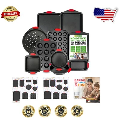 10-Piece Nonstick Bakeware Set with Red Silicone Handles - Oven Safe