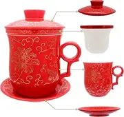 Tea Talent Porcelain Tea Cup with Infuser Lid and Saucer Sets - Chinese Jingdezhen Ceramics Coffee Mug Teacup Loose Leaf Tea Brewing System for Home Office