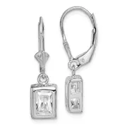 Sterling Silver Rhodium Plated 7X5 Emerald Cut Cz Leverback Earrings