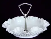 Fenton White Milk Glass Ruffled Edge Hobnail Silver Handle 8" Tidbit Candy Dish