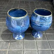 Two Blue Studio Pottery Glazed Wine Brandy Goblets $60 Beautiful Deep Color