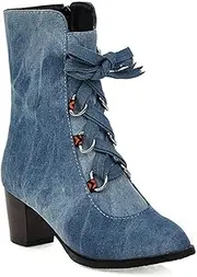 [HOTRA] Women Ankle Boots with Chunky Heel Lace Up Platform Chelsea Pump Booties Denim Dressy Anti-Slip Stacked Heel Shoes
