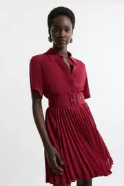 Belted Georgette Pleat Woven Mini Dress